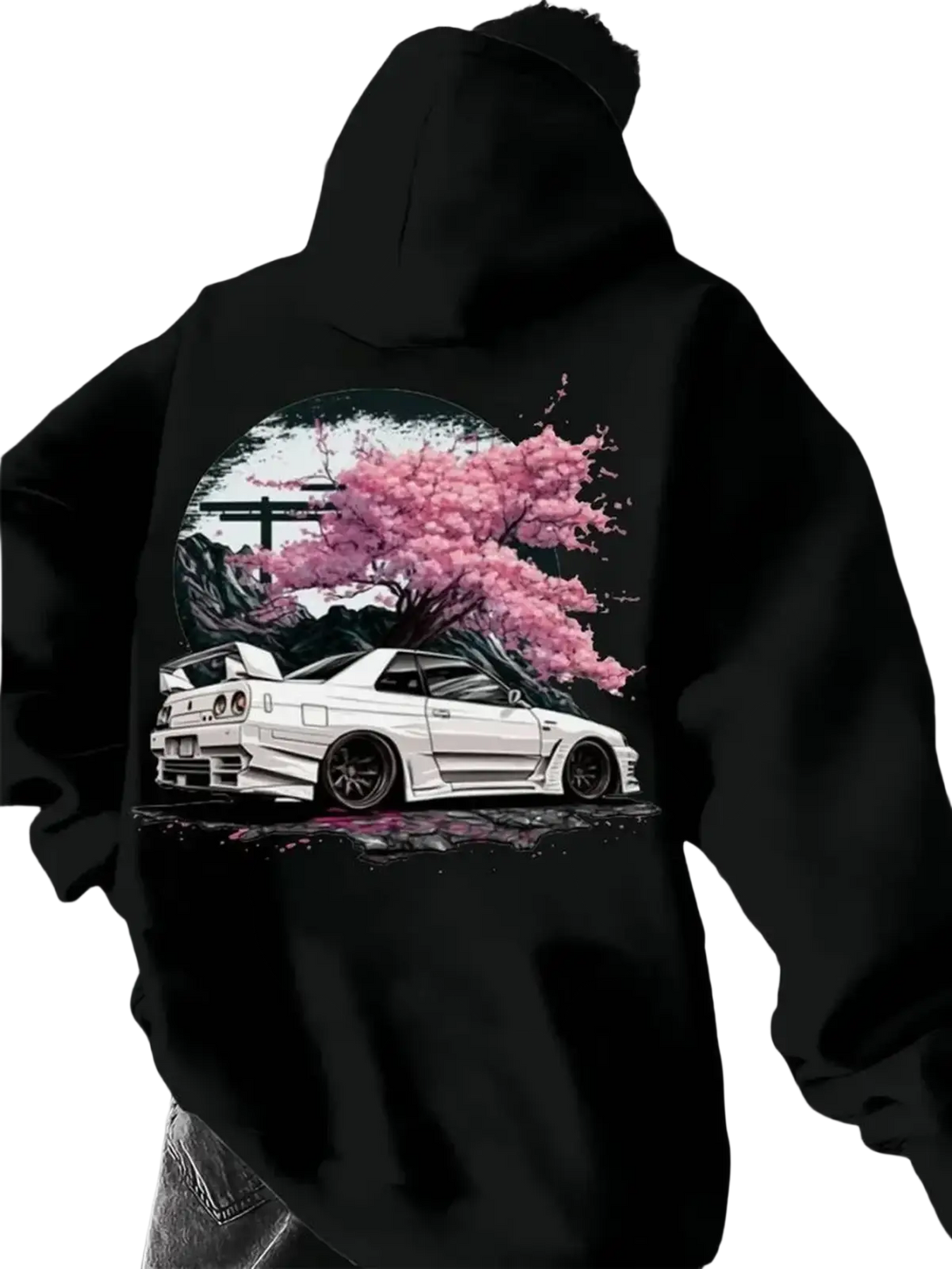 Black hoodie featuring a vibrant graphic of a white Nissan Skyline R34 with pink cherry blossoms and full moon backdrop