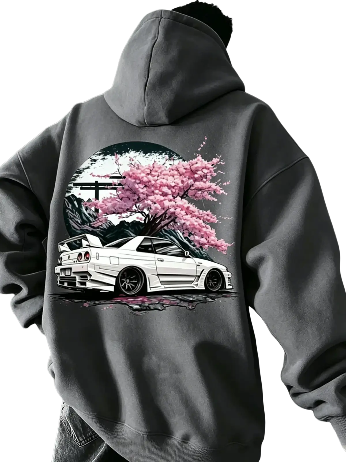 Dark gray jdm skyline cherry blossom men hoodie with vibrant graphic of white sports car under pink cherry blossom tree