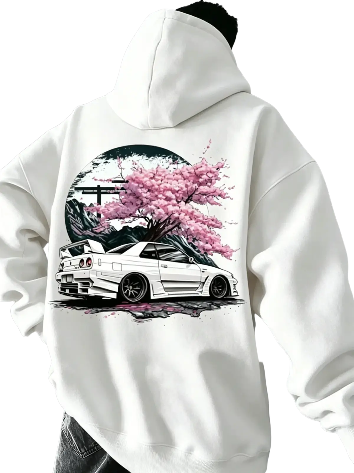 White hoodie featuring a detailed graphic of a white jdm skyline sports car under pink cherry blossoms on the back