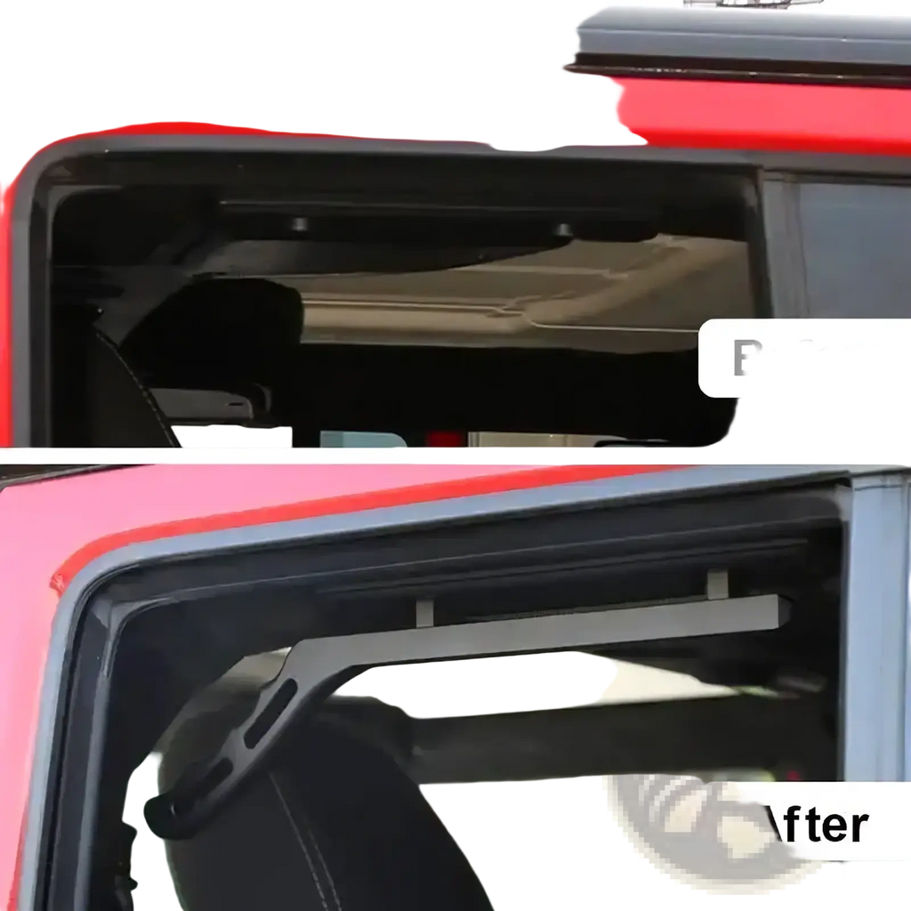Black plastic window support bar for jeep wrangler jk aluminum door grab handles in black and red, back side view
