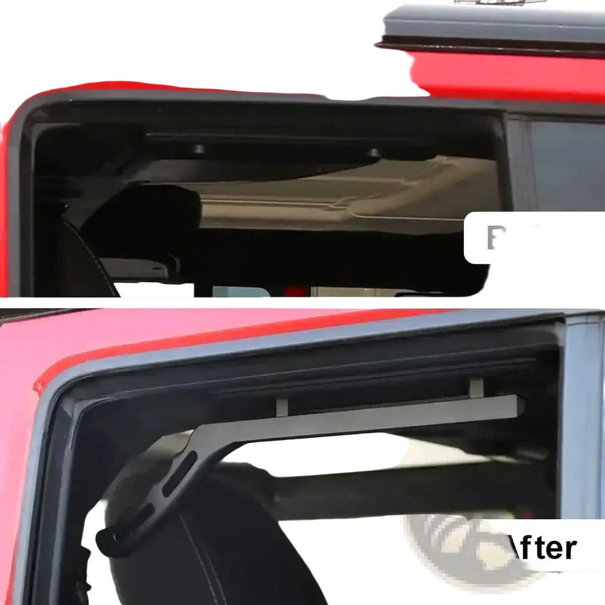 Black plastic window support bar for jeep wrangler jk aluminum door grab handles in black and red, back side view