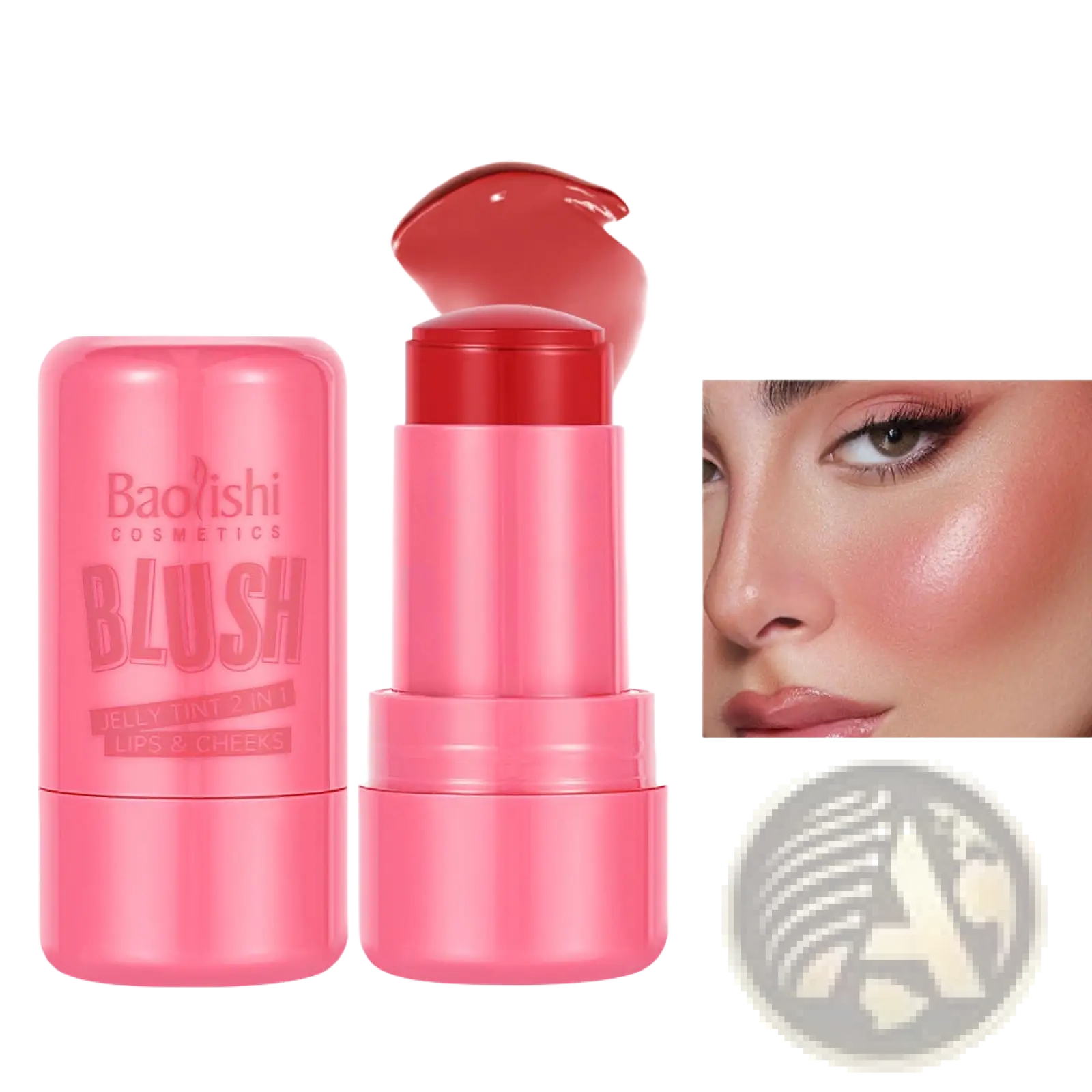 Pink baoishi cosmetics jelly blush stick shimmer lip and cheek tint in shade 03 with 26.5g packaging