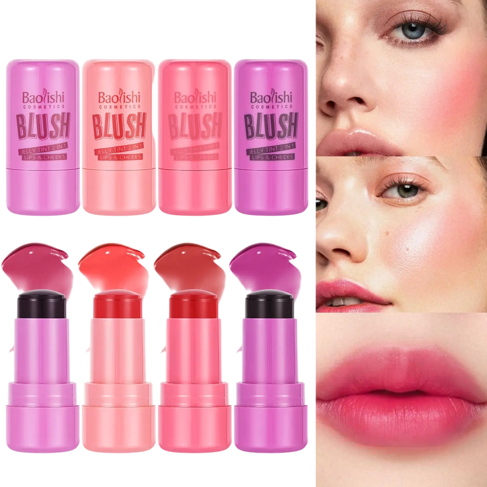 Pink and purple baoishi cosmetics jelly blush stick shimmer lip and cheek tint 26.5g with sleek cylindrical design