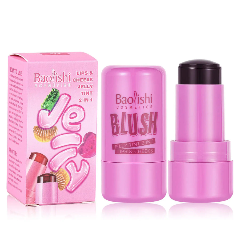 Pink baoishi cosmetics jelly blush stick shimmer lip and cheek tint 26.5g with black cap and glossy finish