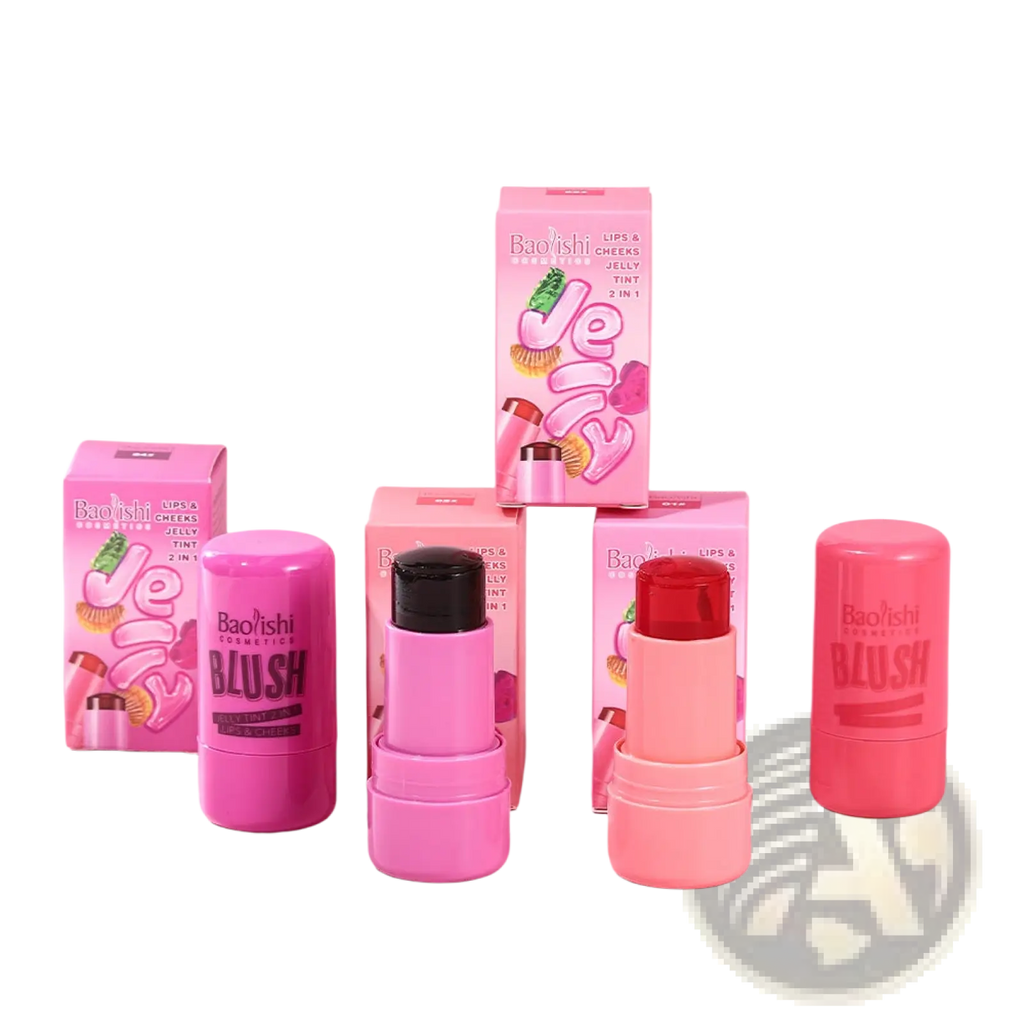 Pink cylindrical jelly blush stick shimmer lip and cheek tint with colorful caps and packaging 26.5g