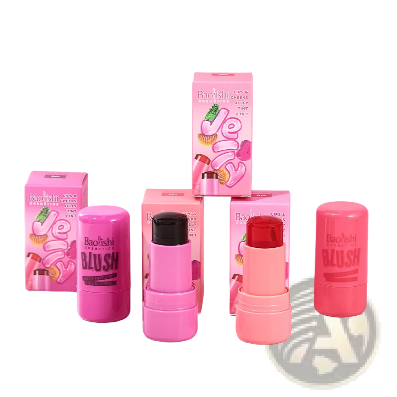 Pink cylindrical jelly blush stick shimmer lip and cheek tint with colorful caps and packaging 26.5g