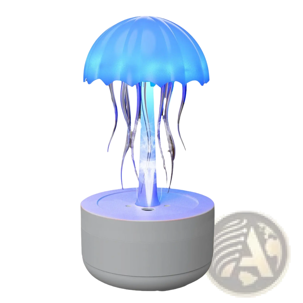 Blue glowing jellyfish humidifier led essential oil diffuser with translucent tentacles and gray circular base
