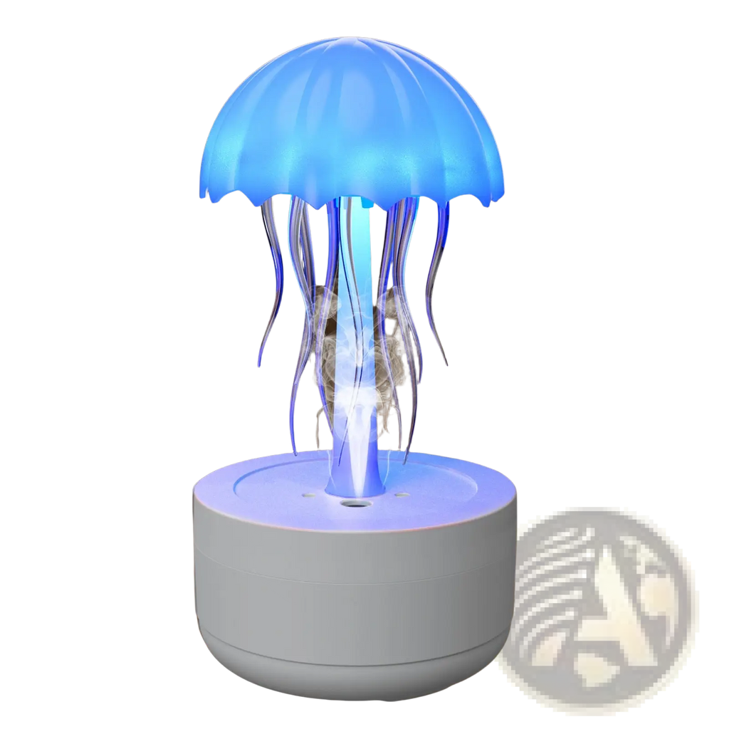 Blue glowing jellyfish humidifier 7 color led essential oil diffuser with translucent tentacles and white base