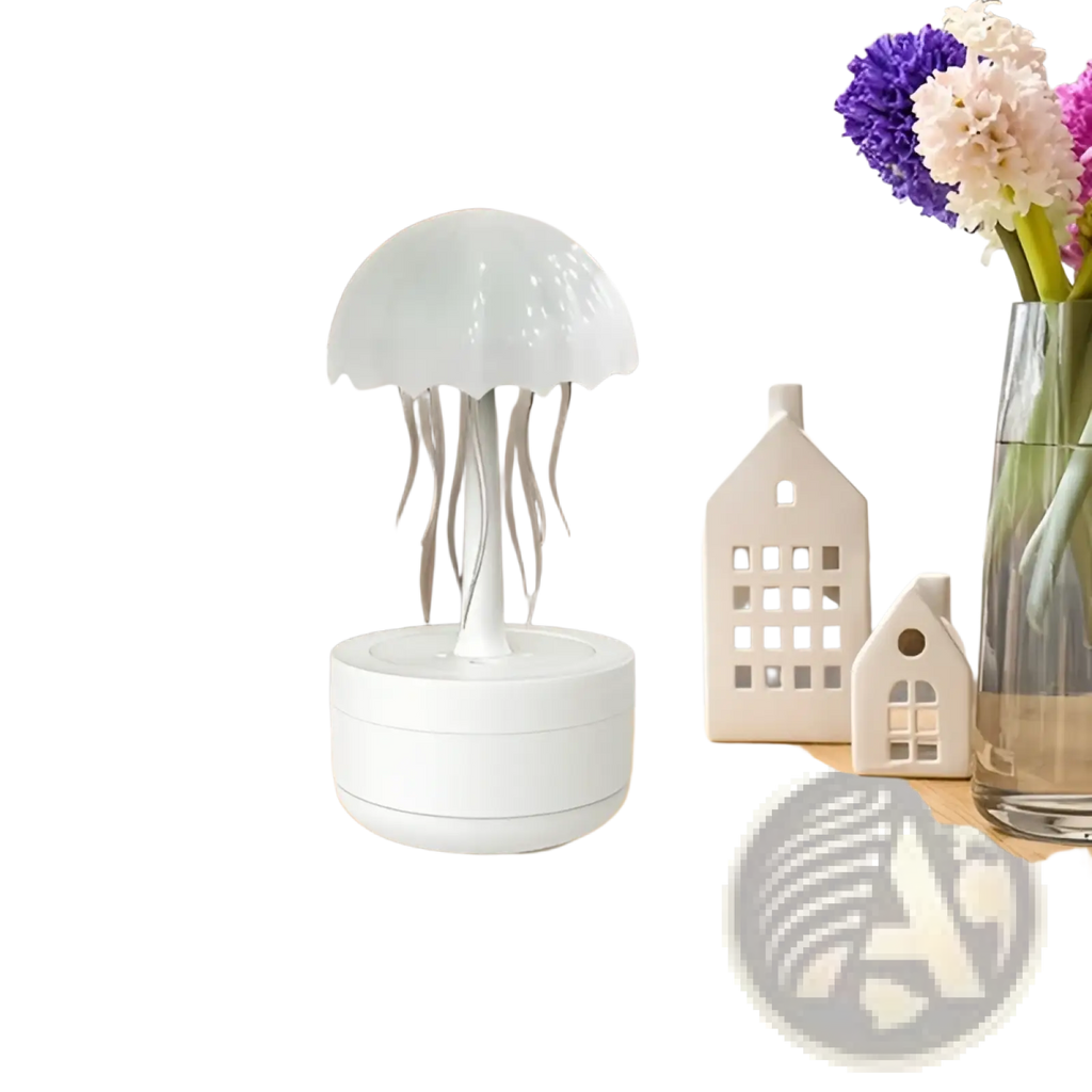 White jellyfish humidifier with translucent dome and delicate tentacle streams for 7 color led essential oil diffusion