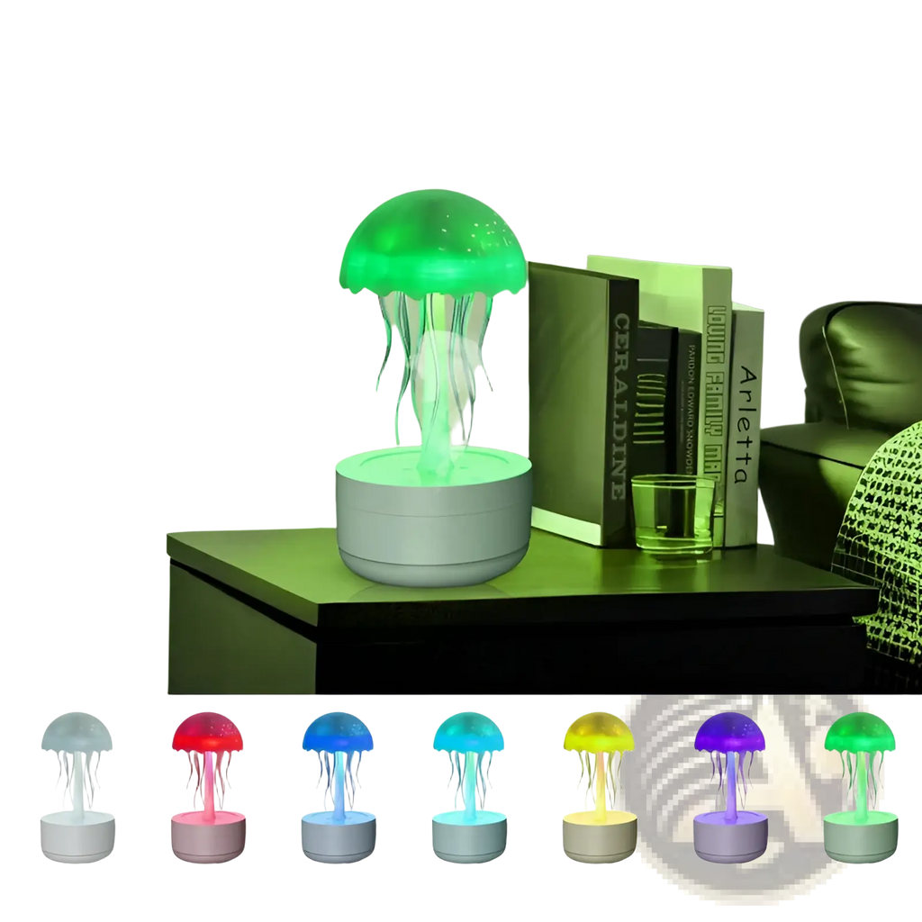 Green glowing jellyfish humidifier with 7 color led essential oil diffuser and translucent dome on white base