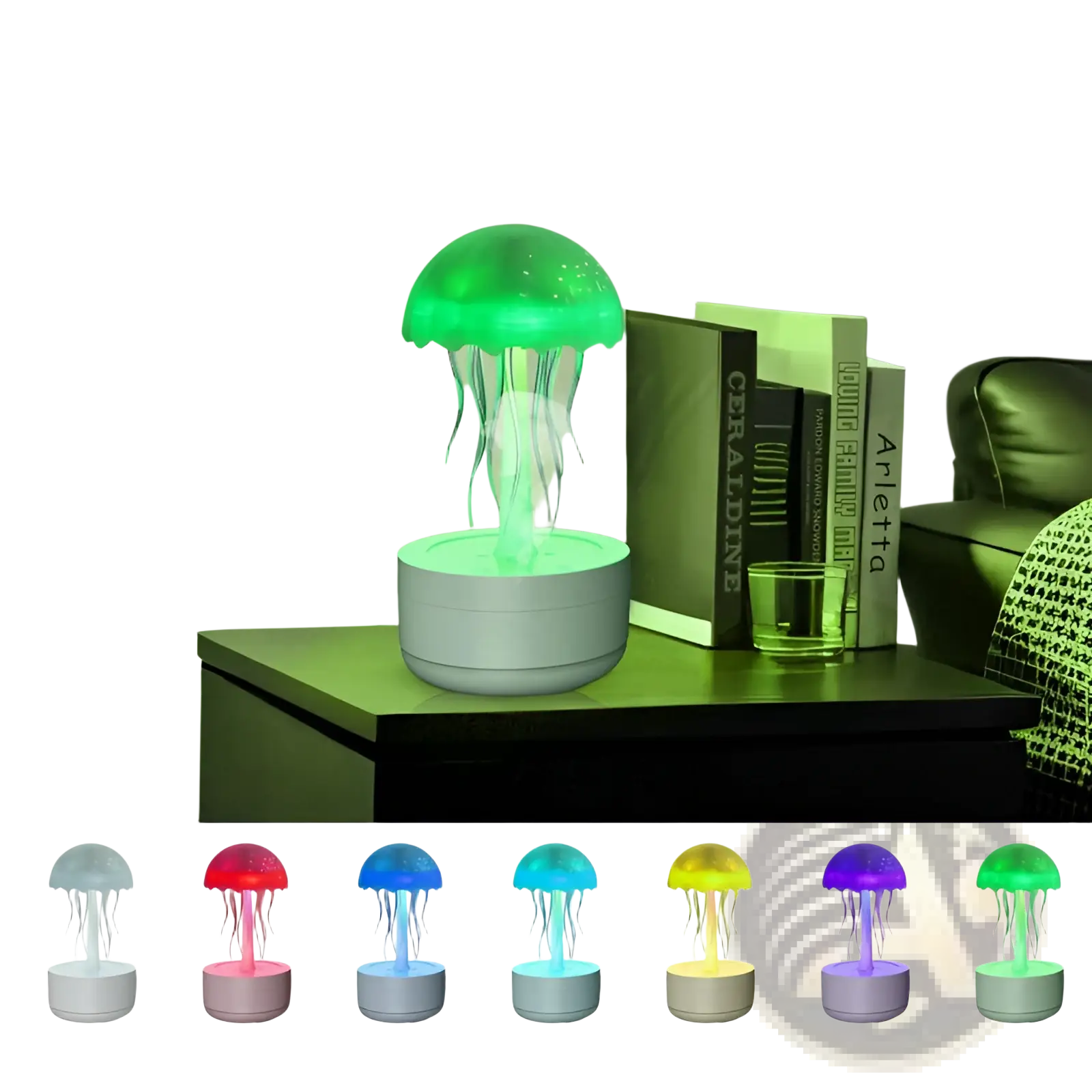 Green glowing jellyfish humidifier with 7 color led essential oil diffuser and translucent dome on white base