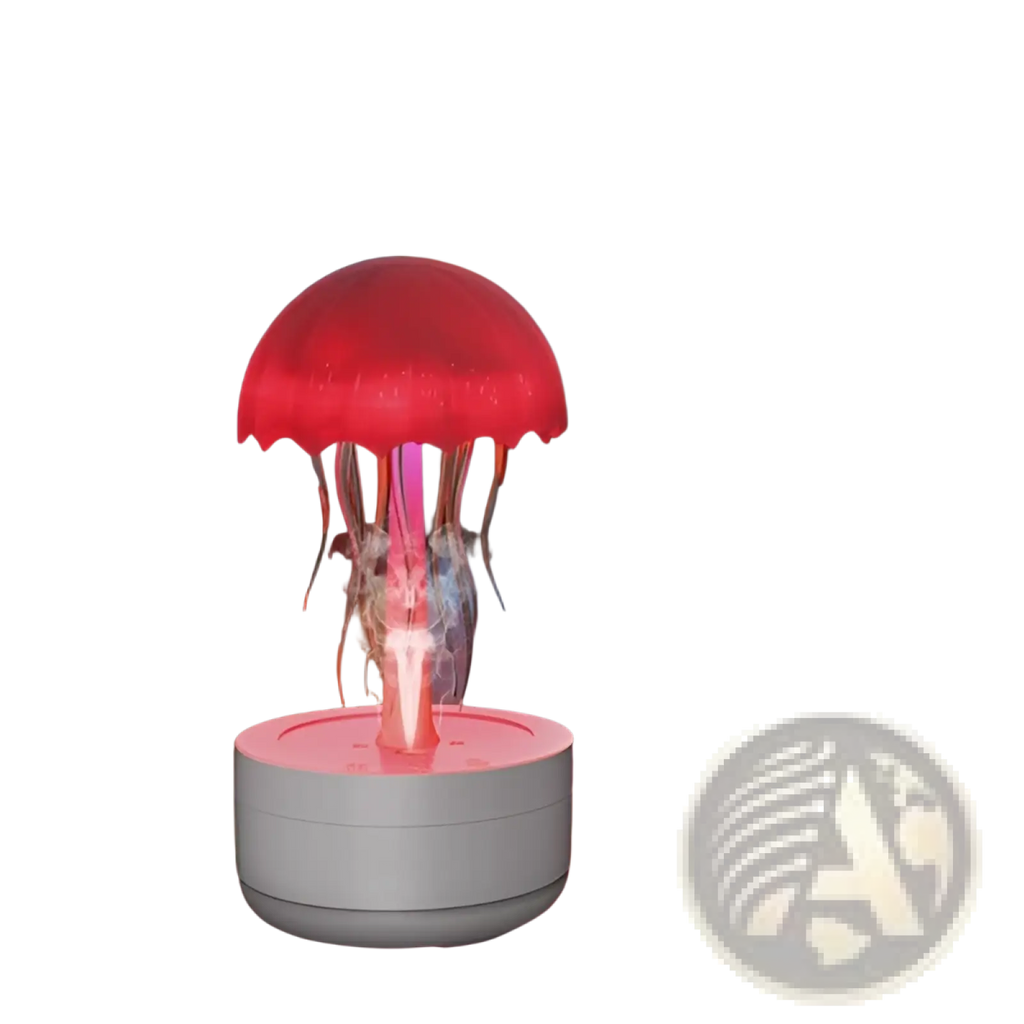 Red glowing jellyfish humidifier with translucent tentacles and white cylindrical base essential oil diffuser lamp
