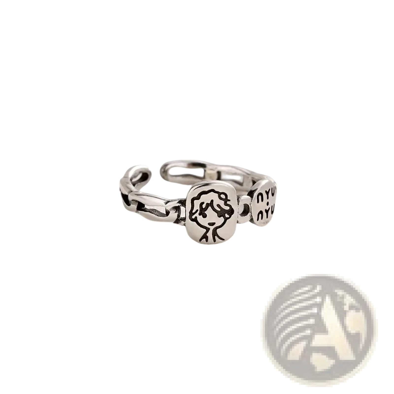 Silver adjustable sterling silver ring by jemmin featuring a cartoon face and nyu engraved on its links