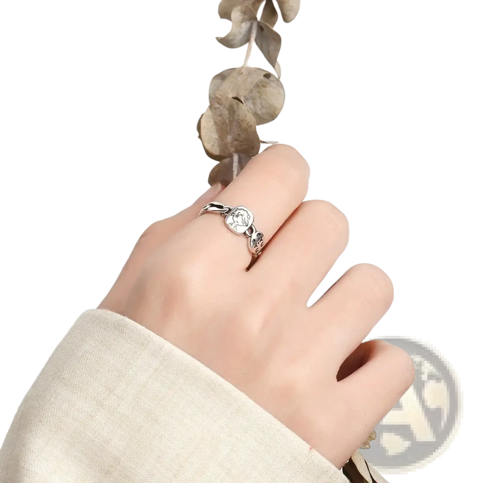 Jemmin sterling silver adjustable face ring with circular engraved design and delicate twisted band details