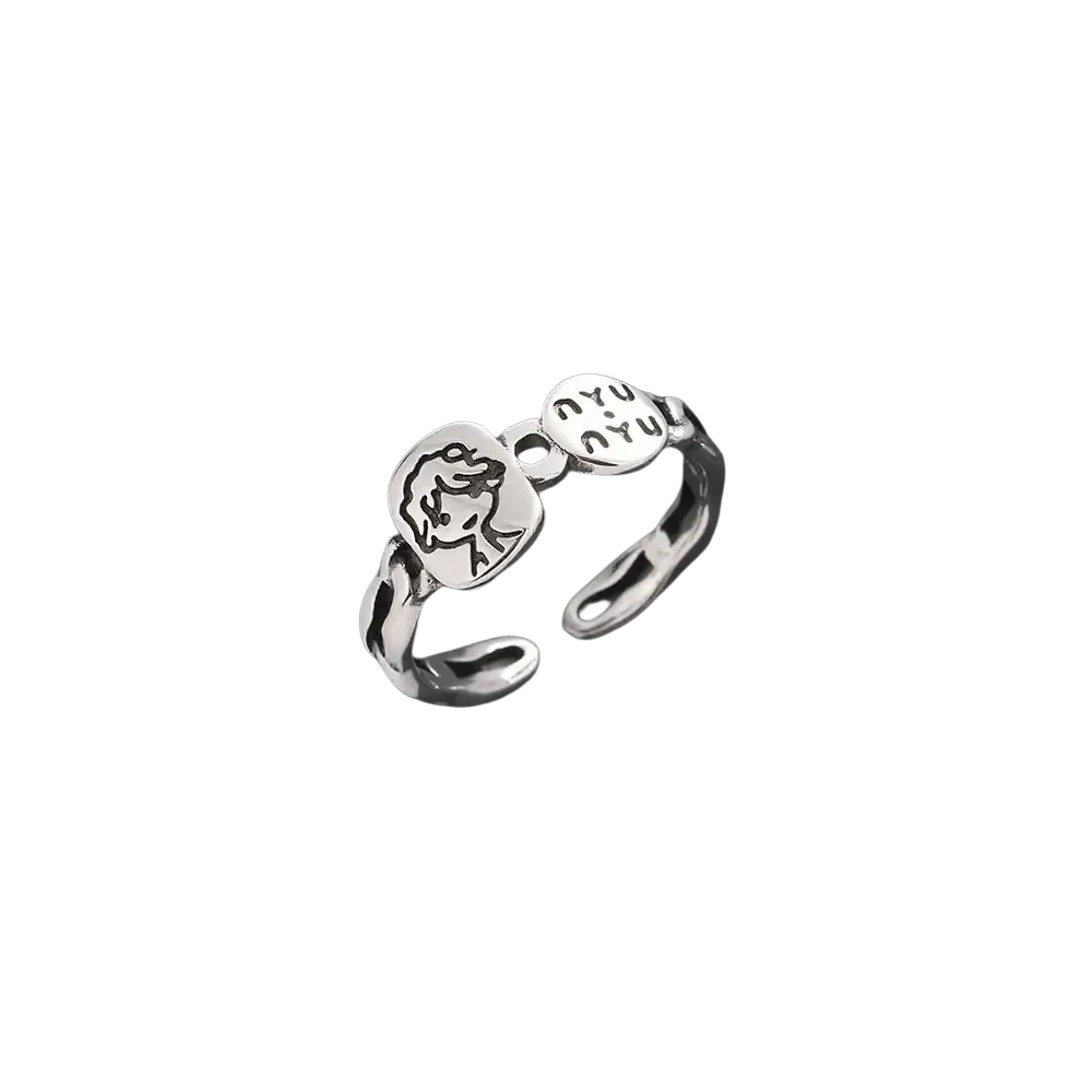 Silver sterling silver adjustable open-ended ring by jemmin featuring two rectangular charms with face and yu yu engraving