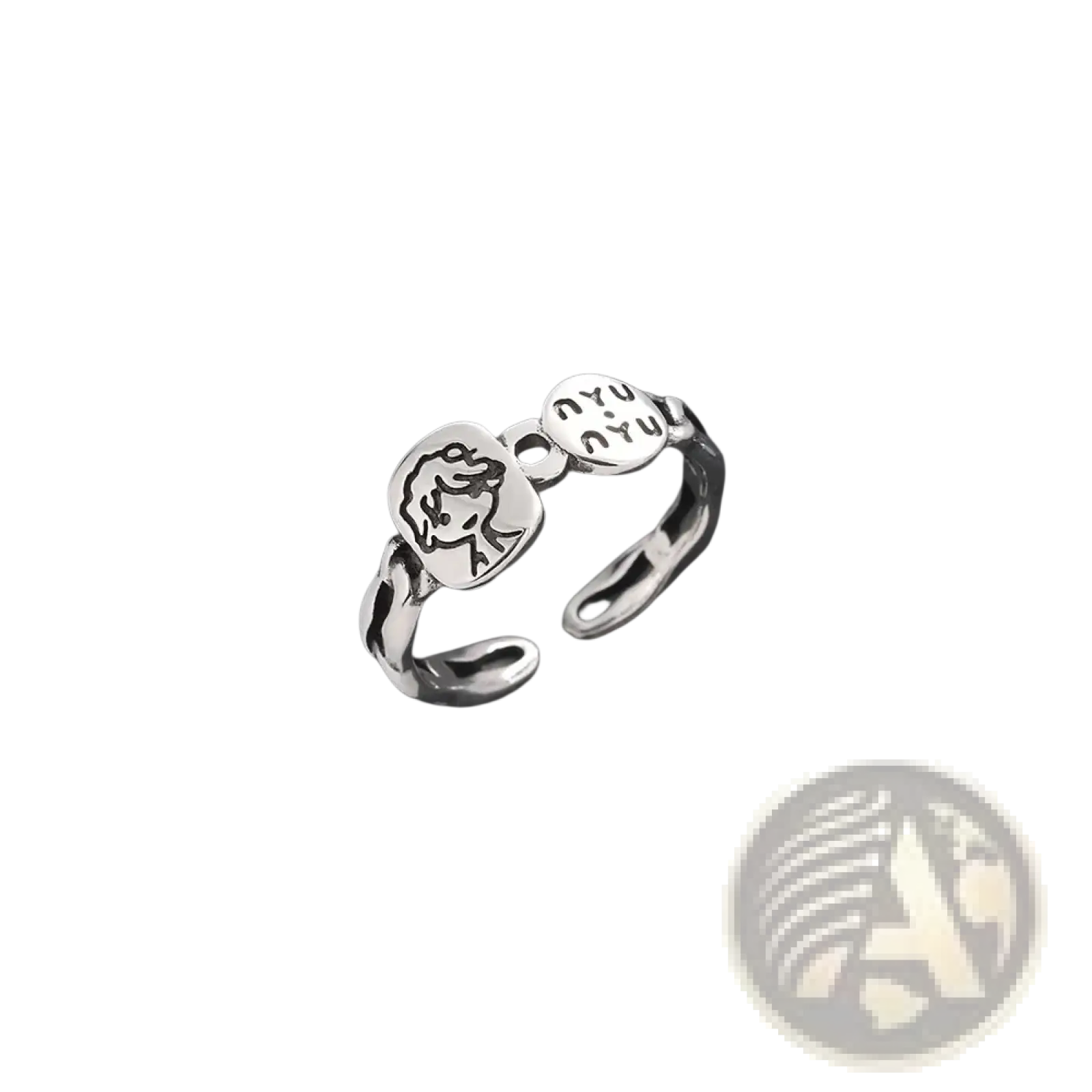 Silver sterling silver adjustable open-ended ring by jemmin featuring two rectangular charms with face and yu yu engraving