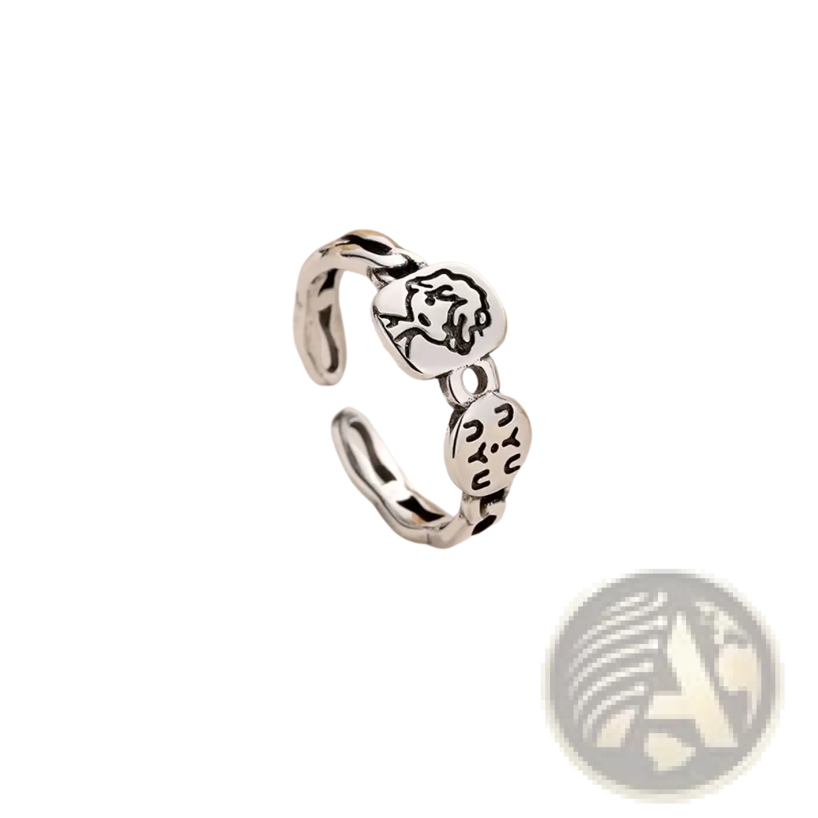 Silver adjustable open ring with two sterling silver circular charms engraved with a face and abstract symbols