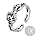 Jemmin sterling silver adjustable face ring with two oval charms featuring black engraved designs of a face and yu yu lettering