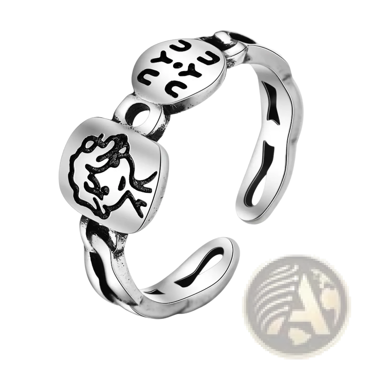 Jemmin sterling silver adjustable face ring with two oval charms featuring black engraved designs of a face and yu yu lettering