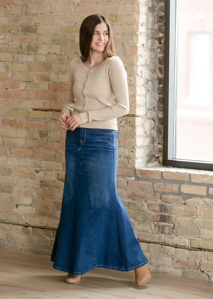 Jennifer premium a-line denim maxi skirt in deep blue with a flared fishtail hemline for elegant wear