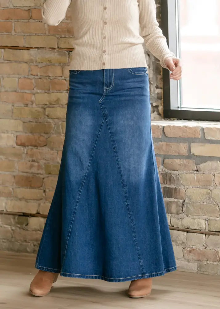 Jennifer Premium A-line denim maxi skirt in medium-wash blue with a flared hem and visible stitching details