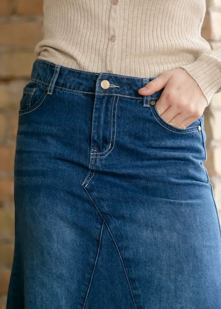 Jennifer premium a-line denim maxi skirt in mid-blue with classic button closure and visible stitching details