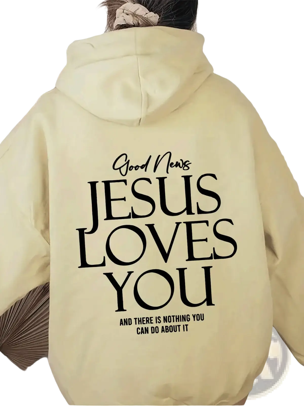 Back side of a pale yellow oversized streetwear hoodie with jesus loves you text and kangaroo pocket