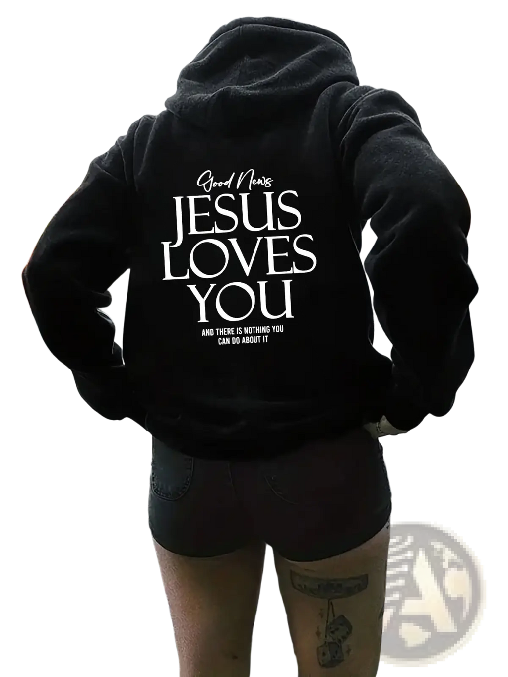 Black oversized streetwear hoodie with white text on the back and a kangaroo pocket for casual wear