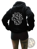 Black oversized streetwear hoodie with white text on the back and a kangaroo pocket for casual wear