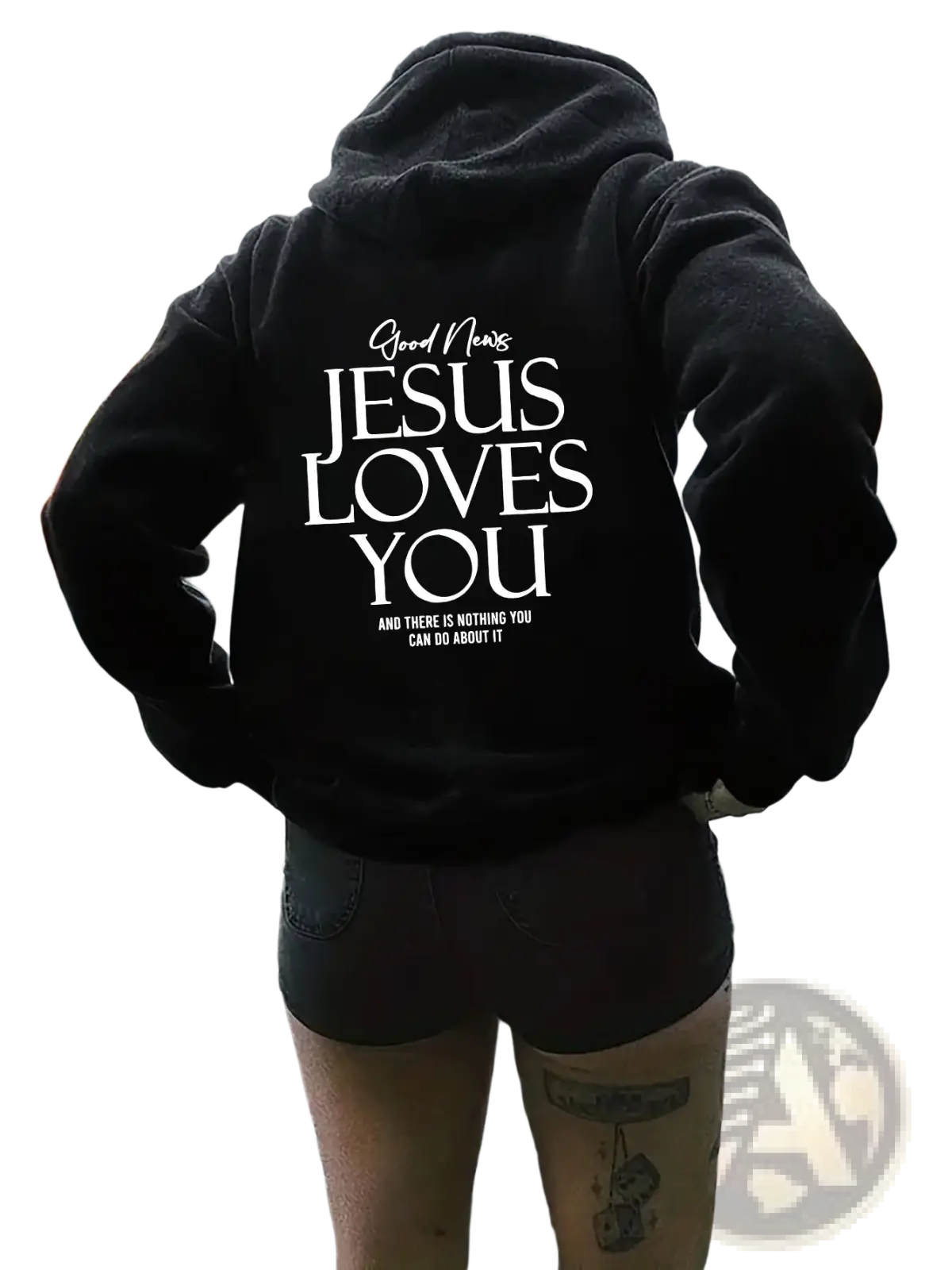 Black oversized streetwear hoodie with white text on the back and a kangaroo pocket for casual wear