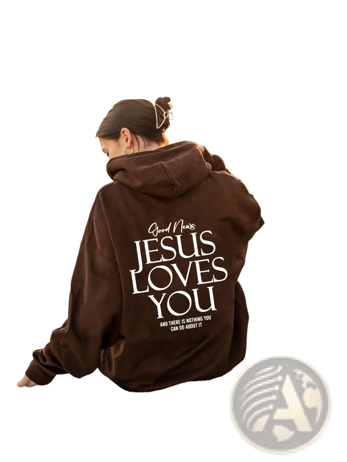 Back side of a brown jesus loves you oversized streetwear kangaroo pocket hoodie with white lettering