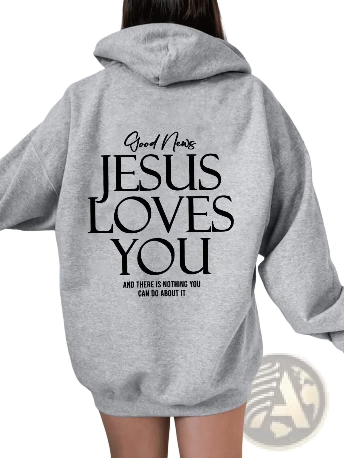 Back view of gray oversized streetwear hoodie with black text on back and kangaroo pocket for casual wear