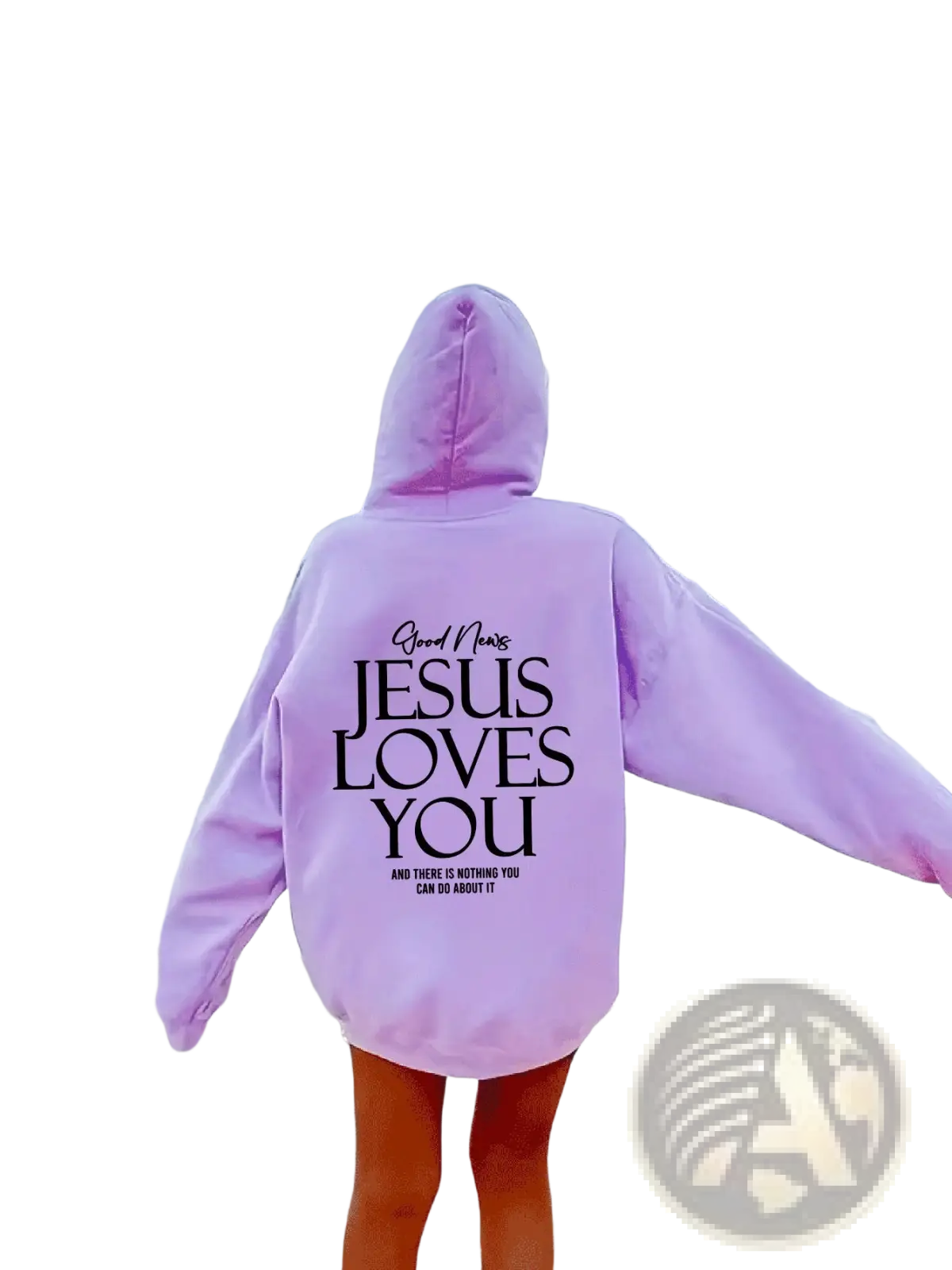 A soft lavender oversized streetwear kangaroo pocket hoodie with bold black jesus loves you text worn at the beach