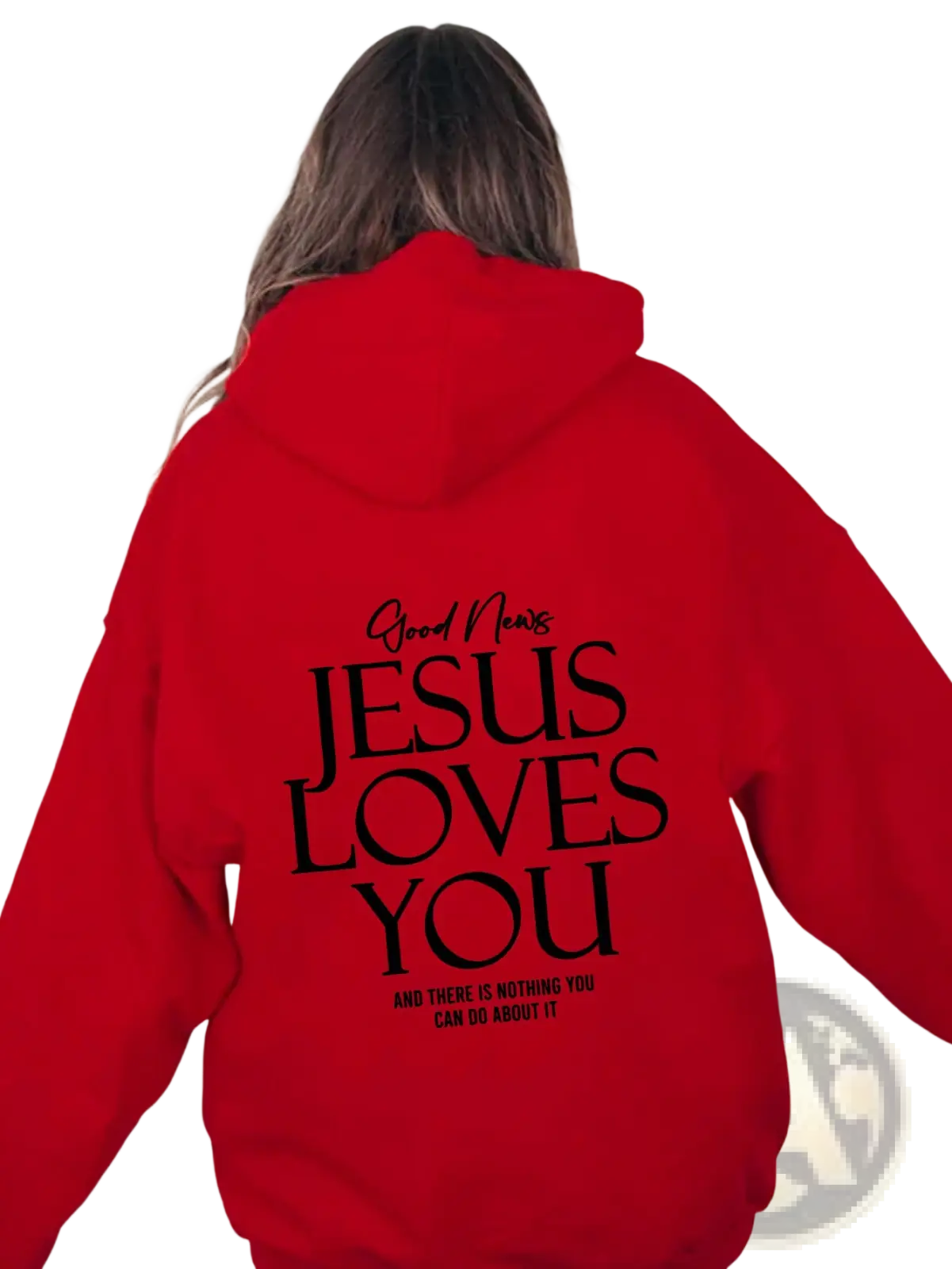 Red oversized streetwear kangaroo pocket hoodie with black good news jesus loves you text and smaller line below