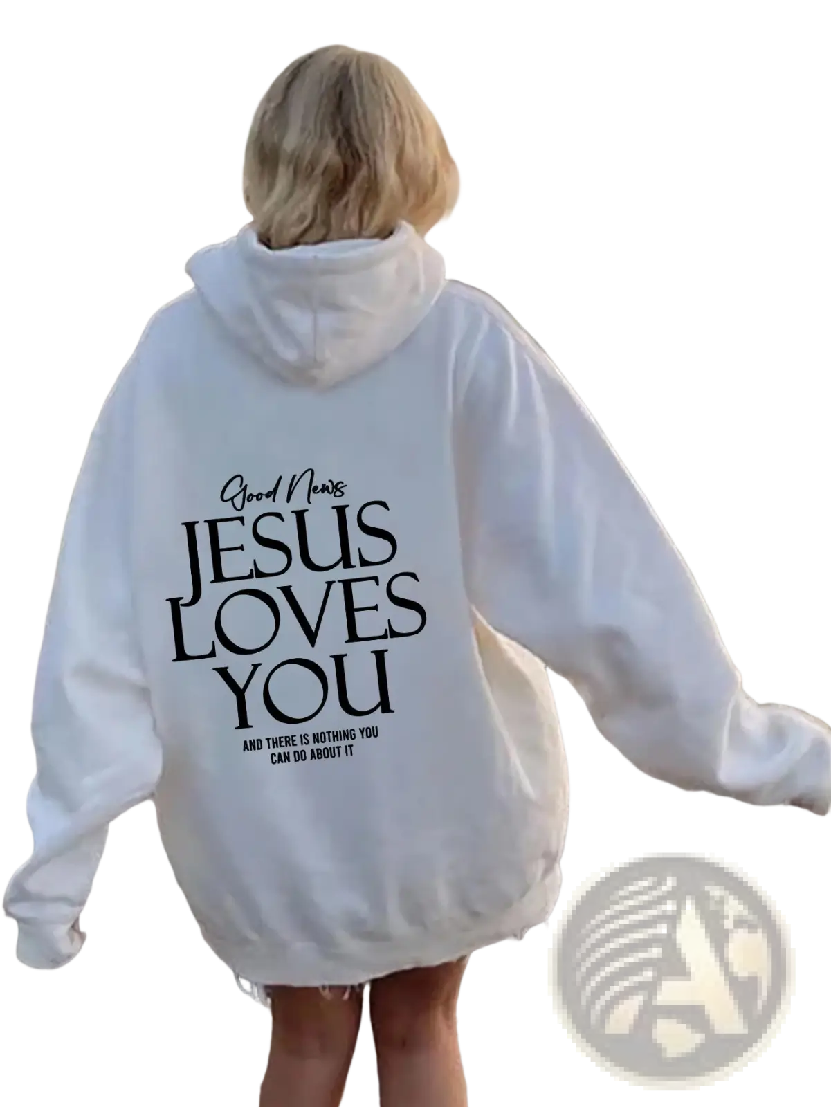 White oversized streetwear hoodie with kangaroo pocket and black text reading good news jesus loves you on front
