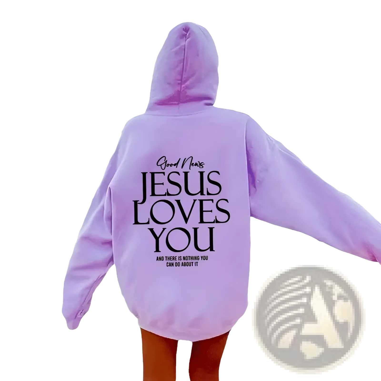 Back of a soft lavender oversized streetwear hoodie with bold black good news jesus loves you graphic and kangaroo pocket