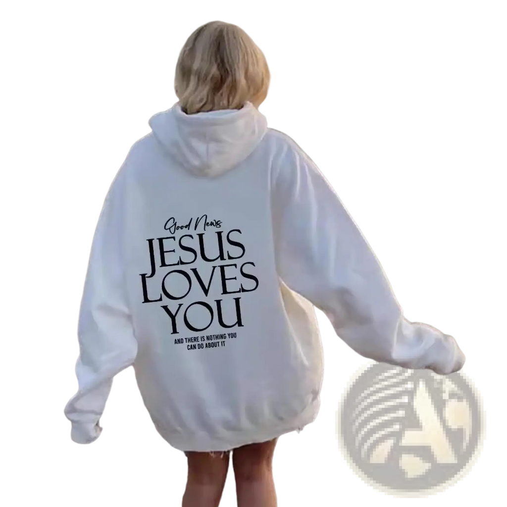 White oversized streetwear hoodie with jesus loves you black text on the back and kangaroo pocket design