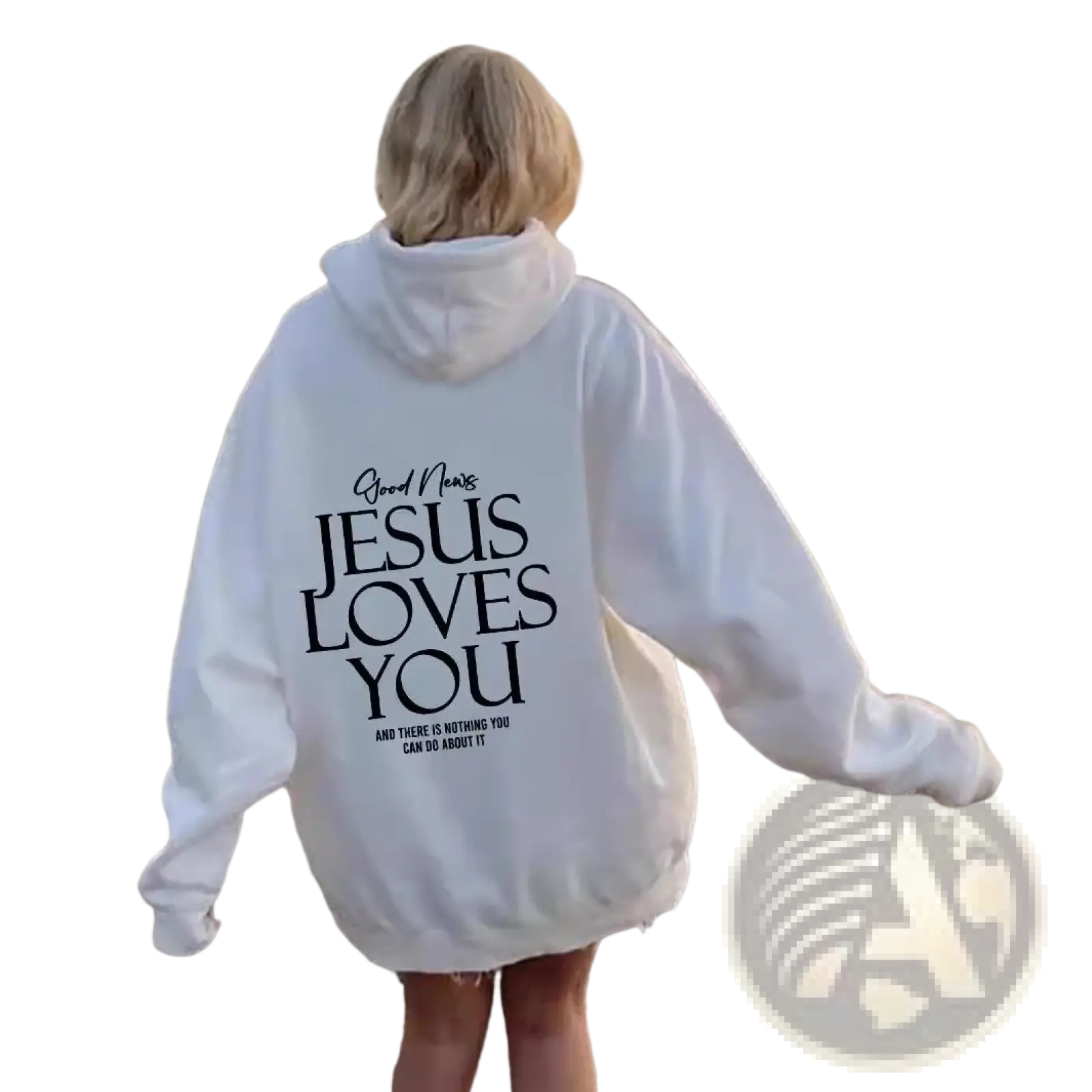 White oversized streetwear hoodie with jesus loves you black text on the back and kangaroo pocket design