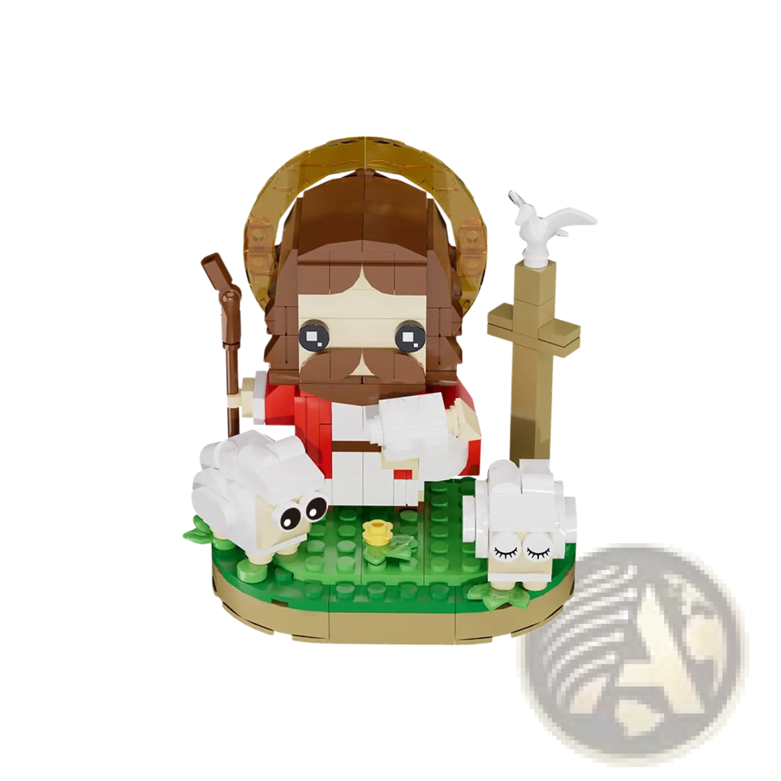 A lego-style jesus figure with brown hair and beard in red and white robe standing beside two white sheep on green baseplate
