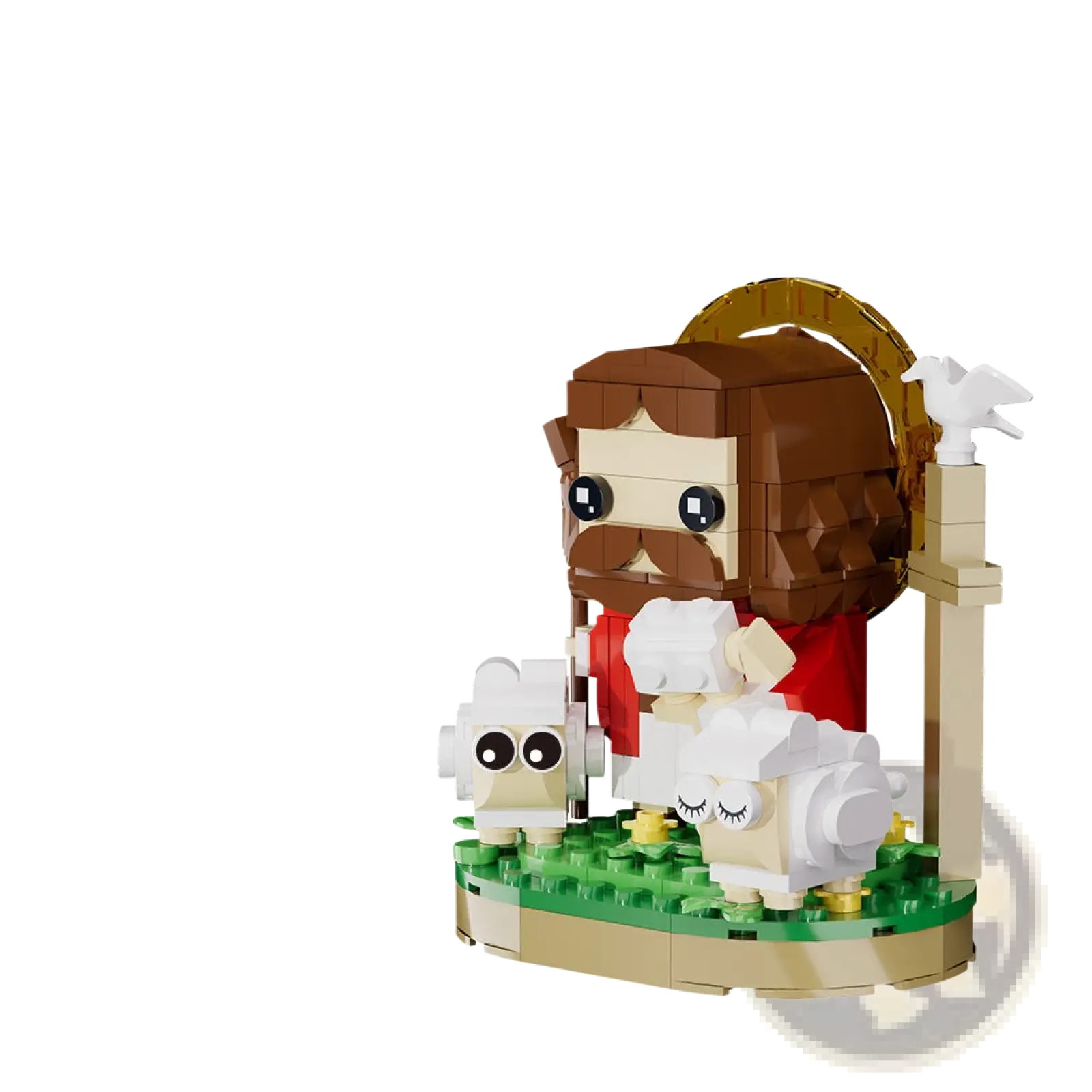 Jesus shepherd building blocks model in red robe with golden halo and two white sheep made from interlocking bricks