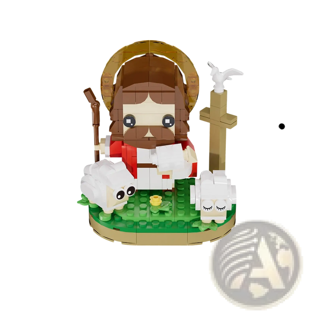 A lego-style jesus shepherd building blocks model with golden halo red robe staff and two sheep on a green base