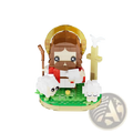 Lego jesus shepherd building blocks model with brown hair red and white robes standing on green baseplate with sheep and cross