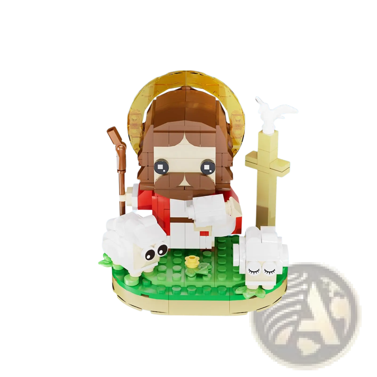 Lego jesus shepherd building blocks model with brown hair red and white robes standing on green baseplate with sheep and cross