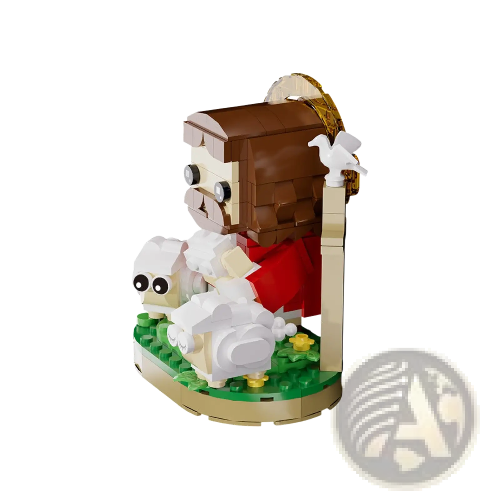Lego creator jesus shepherd building blocks model with brown-haired figure in red robes white sheep and a dove on green base