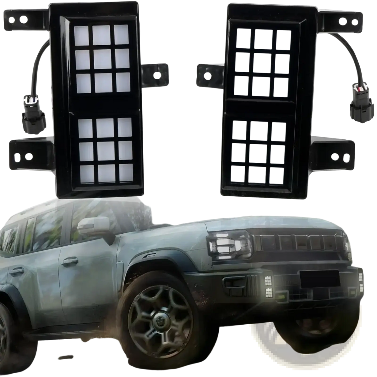 Jetour Traveller T2 black rectangular led fog lights with grid-patterned lens and mounting brackets for daytime running lamp