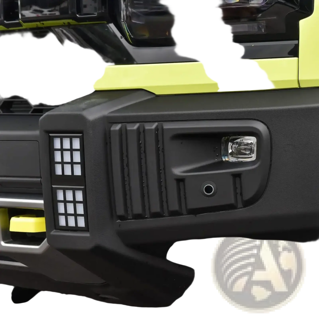 Black rugged front bumper with integrated led light grid and circular fog lamp on jetour traveller t2 vehicle