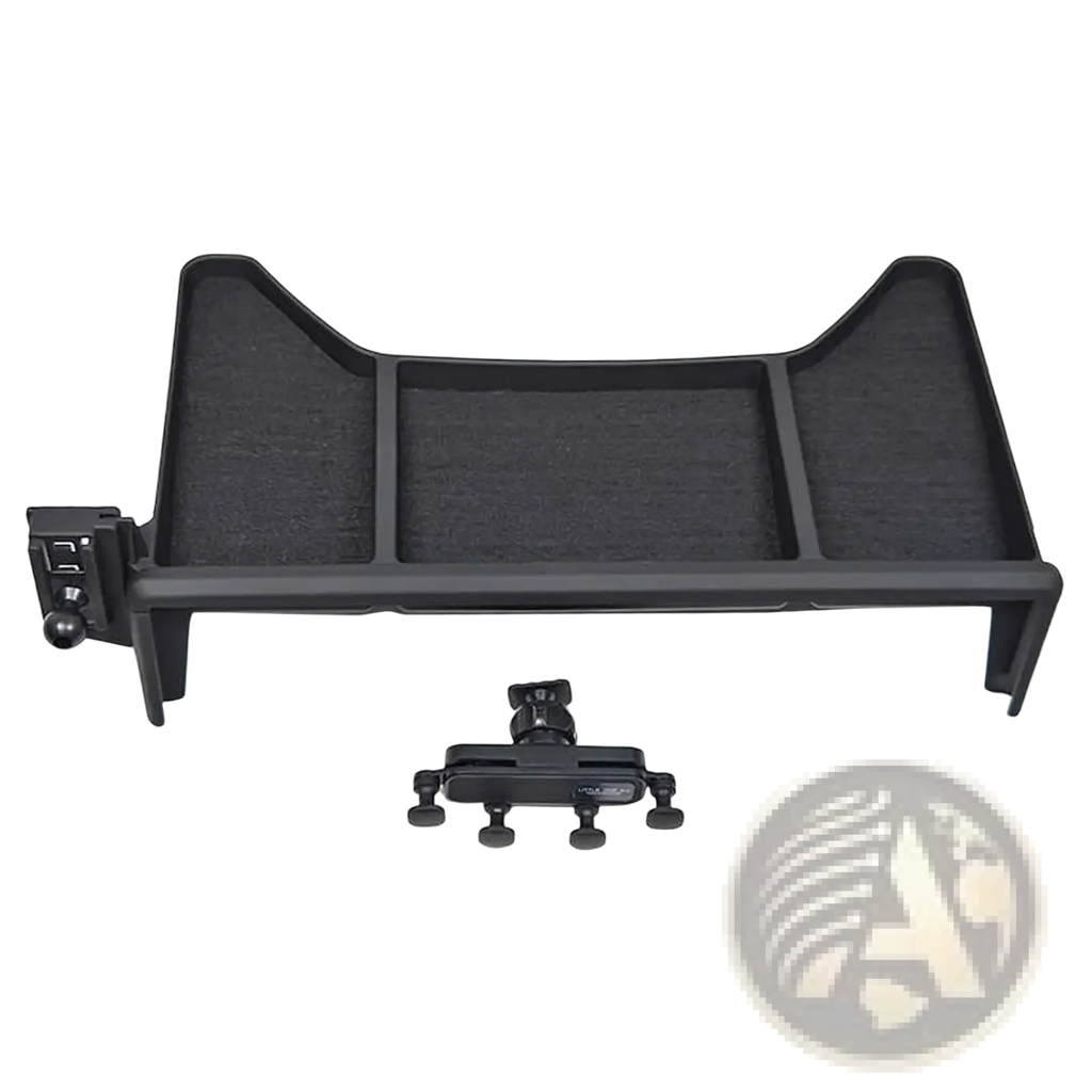 Black plastic Jetour Traveller T2 dashboard mount with three compartments and separate phone holder for air vent use
