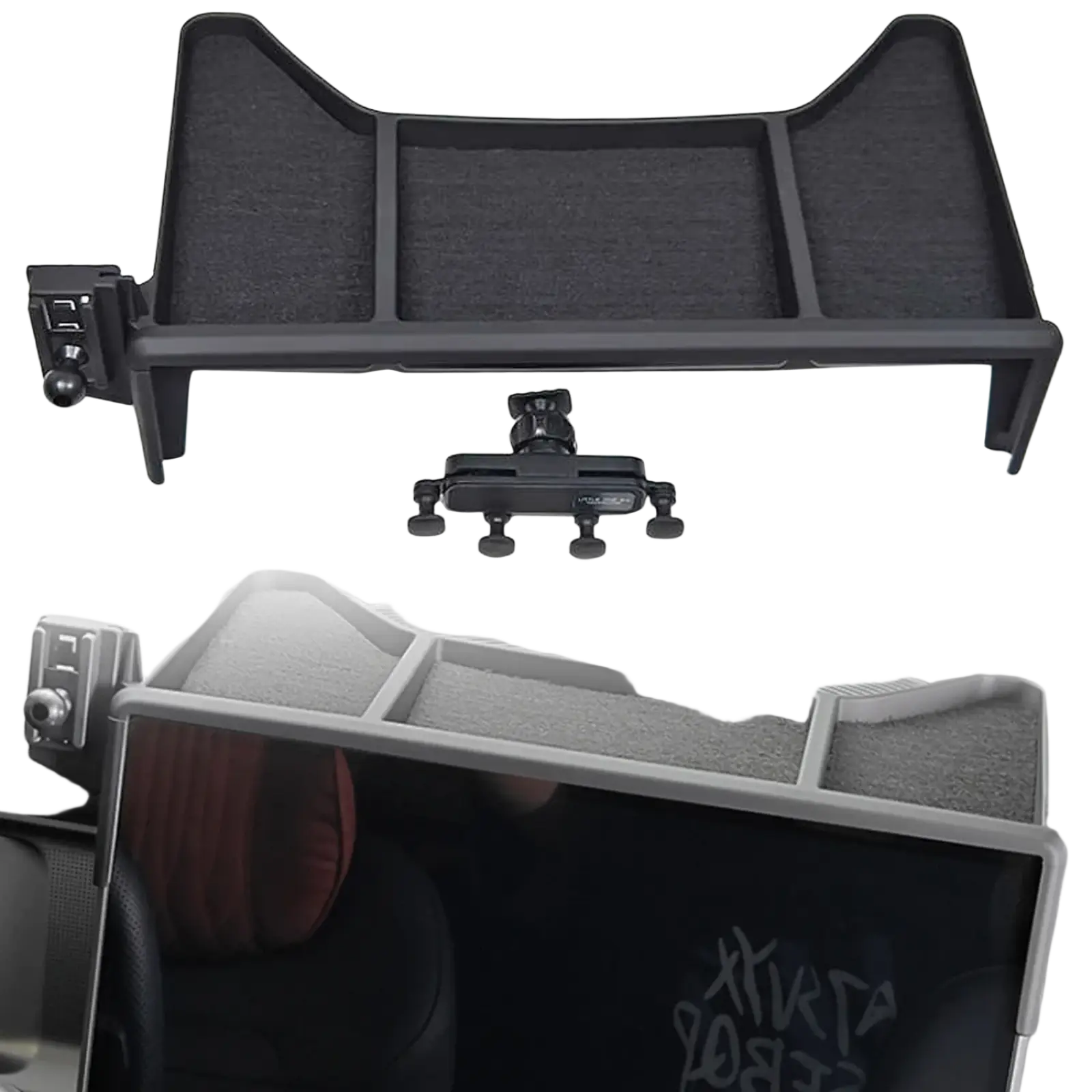 Black plastic Jetour Traveller T2 dashboard organizer with foam-lined compartments and adjustable air vent mount bracket