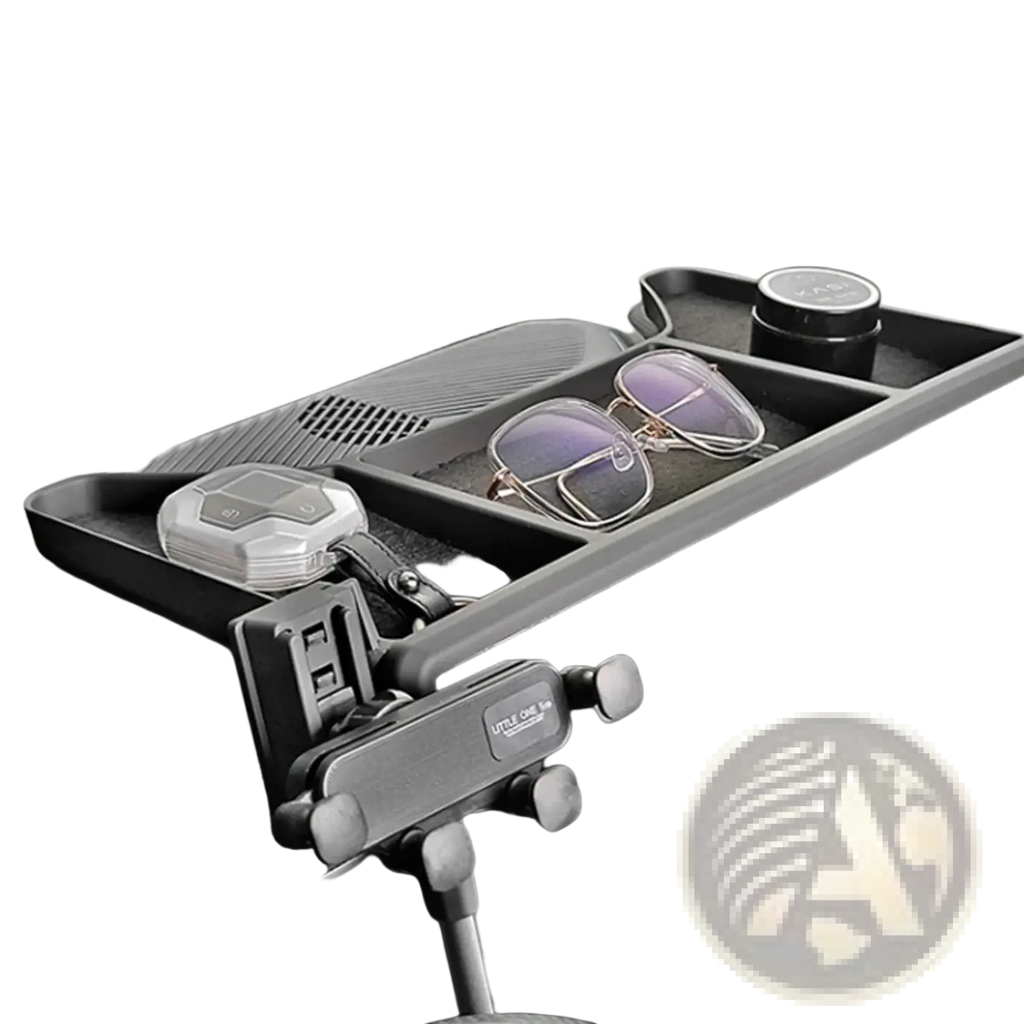 Black plastic Jetour Traveller T2 car dashboard organizer with multiple compartments holding sunglasses and keys