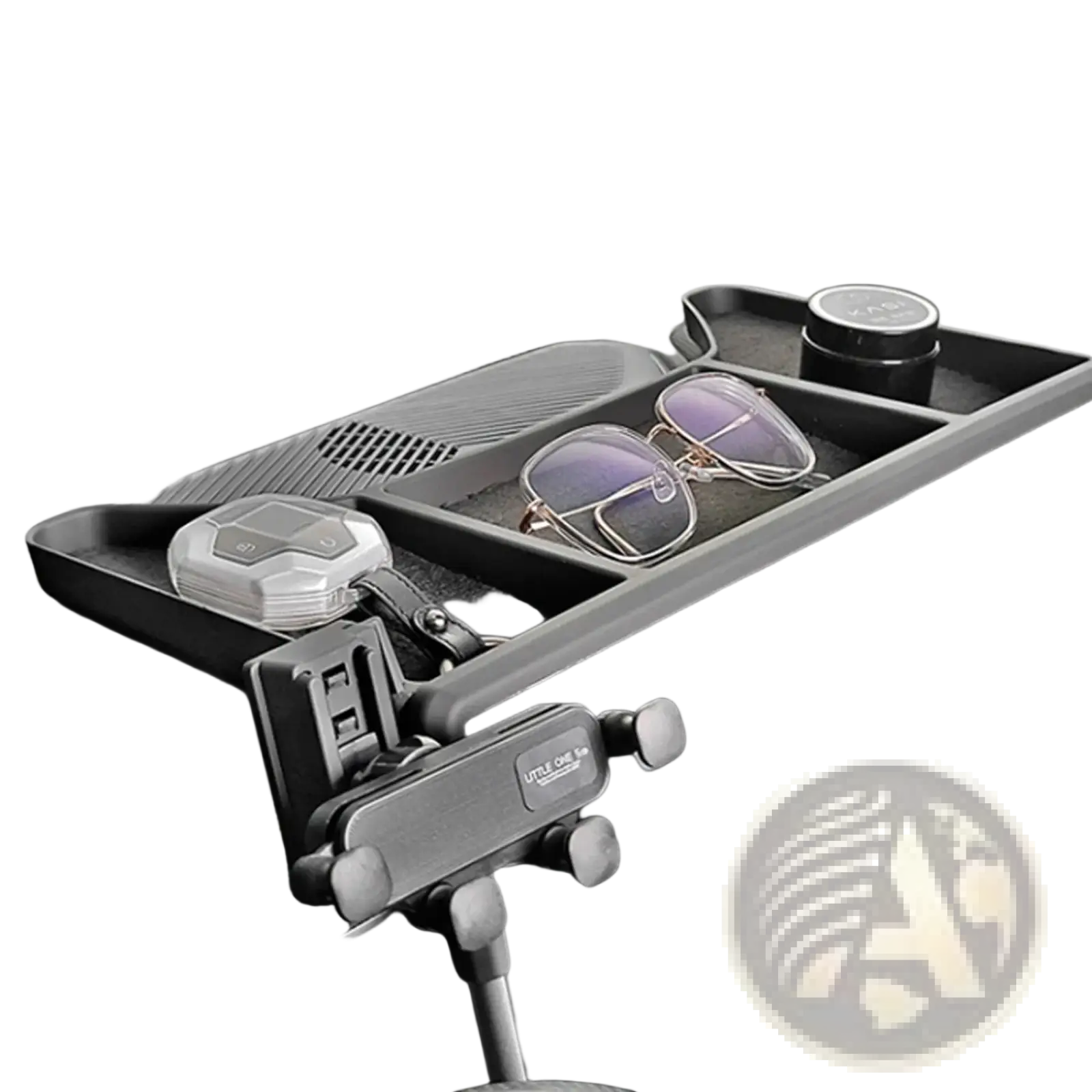 Black plastic Jetour Traveller T2 car dashboard organizer with multiple compartments holding sunglasses and keys